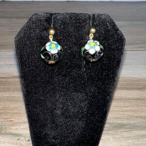 Vintage Chinese Cloisonné Dangle Bead Earrings Flowers Drop Black Blue Pink